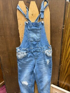Justice Light Blue Denim Gilr’s Overalls with Lace-Trim Pockets